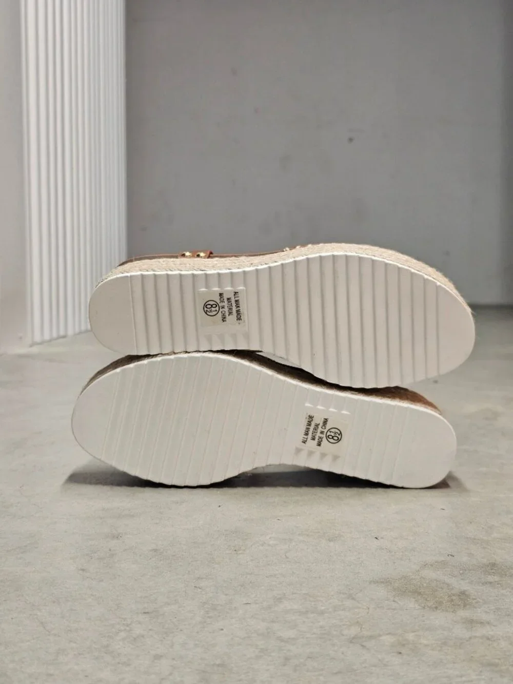 Tan Platform Espadrille Sandals With Buckle Strap Crisscross Upper & White Sole